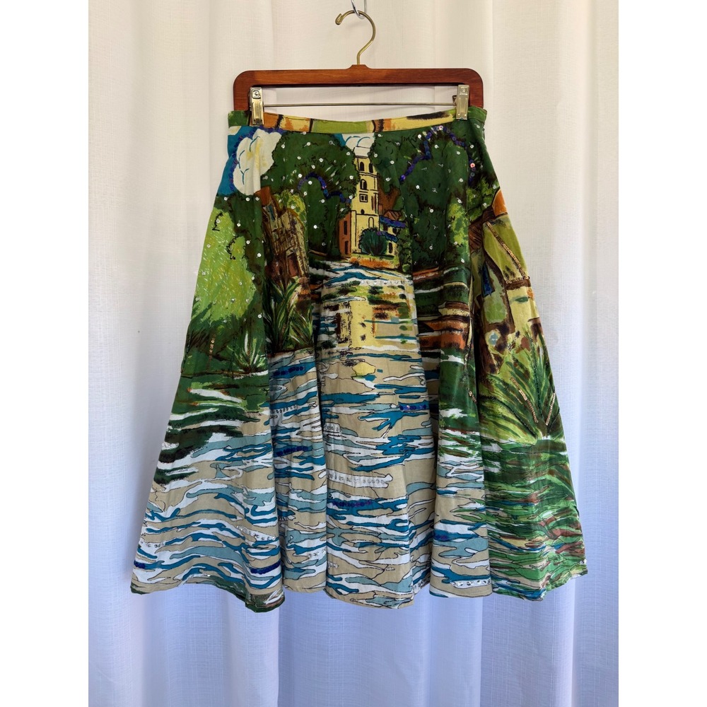 Mix Nouveau Fisherman's Village Scenic Print Skirt Size 8 NWT Sequined Art Skirt